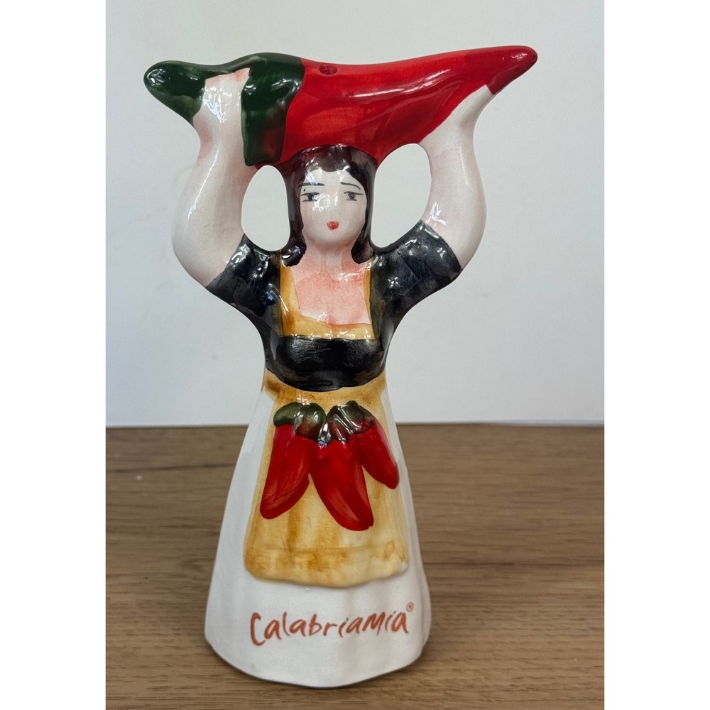 Calabriamía Pepper Shaker Italian Folk Art Woman Chili Pepper Red White 6.25in